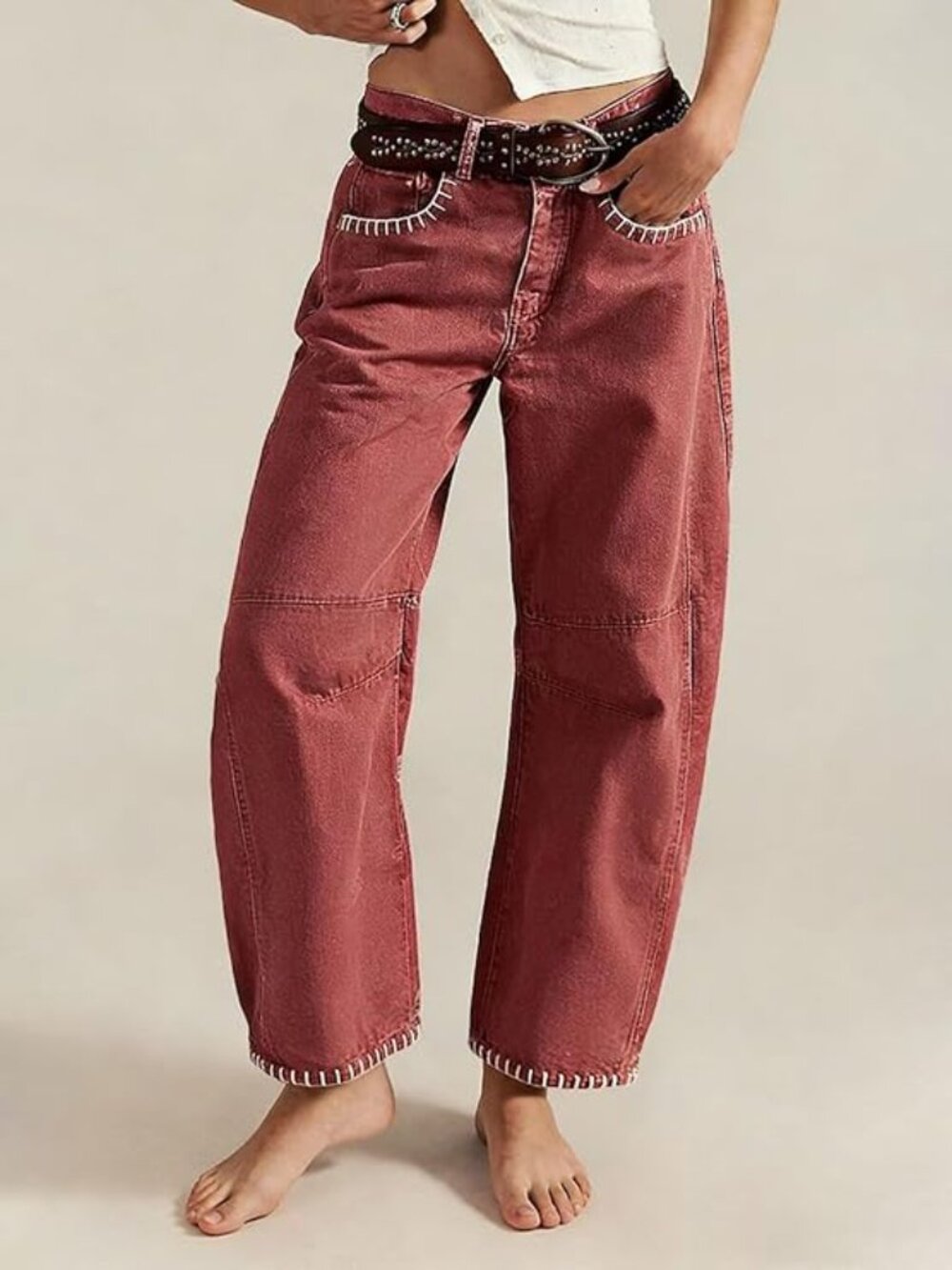 FLAMINGALS Mid Rise Barrel Leg Contrast Stitch Loose Pants - Medium - NWT